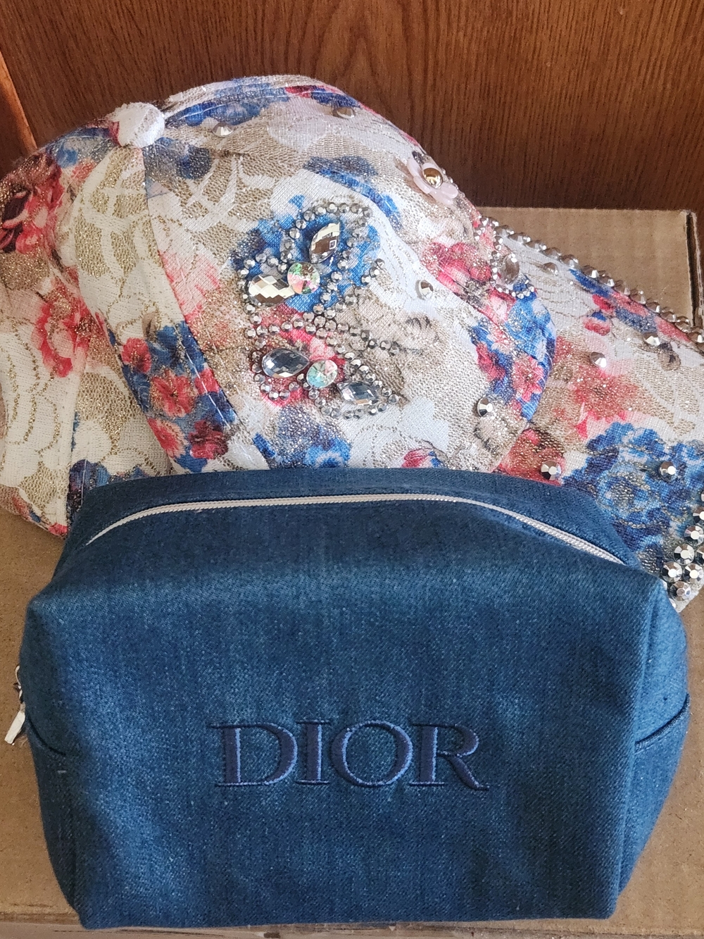 Dior Denim Cosmetic Pouch - Blue & Unbranded Bling Studded Cap NWOT